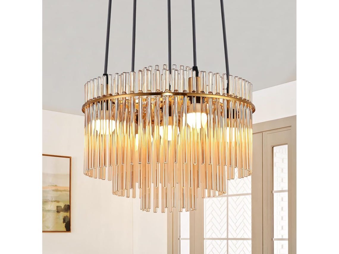 NETTLIFE Modern Luster Gold em Vidro com 5 Lâmpadas E14, Redonda Ø40cm para Cozinha (sem Lâmpadas)