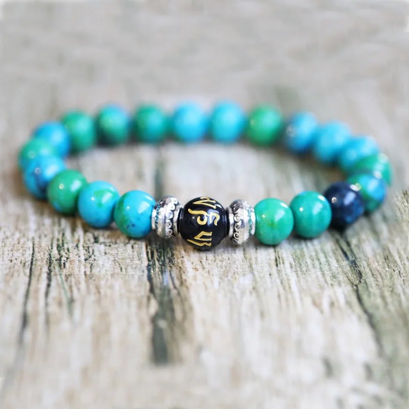 Pulseira Tibetana com Mantra de Seis Sílabas, Pedra Energética de Pedra Bruta Natural, Pulseira Espiritual. MDUG