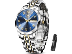 Lurelia Relógio Masculino, Movimento De Quartzo, Data/calendário, Detalhes Com Strass, Aço Inoxidável, Azul