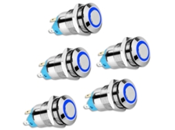 Conjunto De 5 Interruptores De Botão De Pressão Com Trava De 12mm, Tampa Redonda Alta, Interruptor De Botão De Metal Impermeável Com Luz Azul 12v/24v