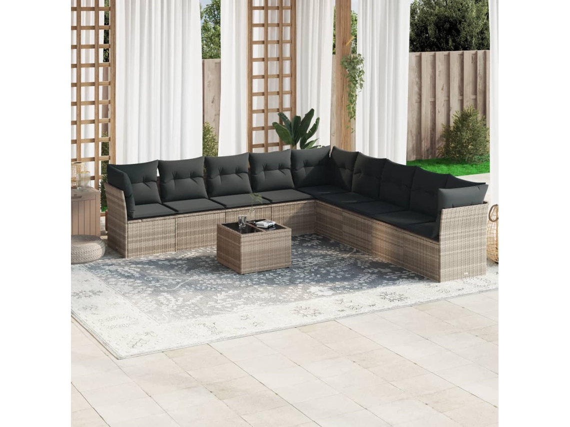 Vidaxl 10 Pcs Conj. Sofás Jardim Com Almofadões Vime Pe Cinzento-claro
