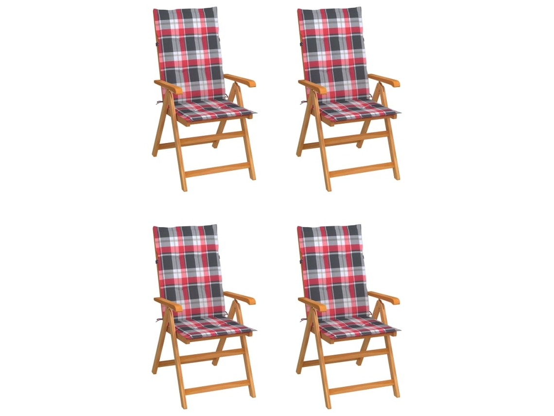 Vidaxl Conjunto De 4 Cadeiras Dobráveis Com Almofadas Em Padrão Xadrez Vermelho E Madeira Maciça De Teca.