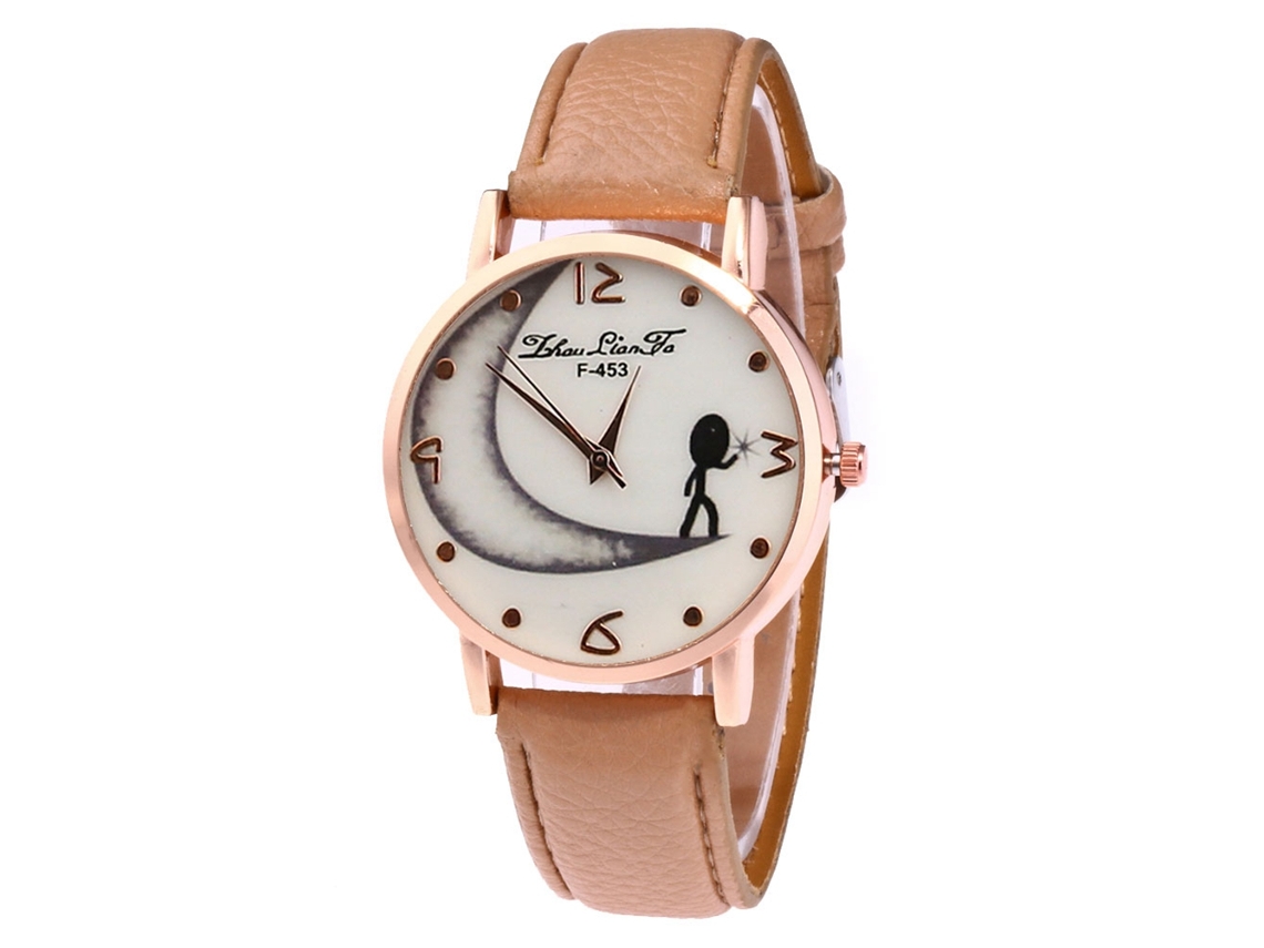 Reloj Analógico De Cuarzo Para Mujer Y Hombre Con Correa De Pu Dial Luna (café Claro)
