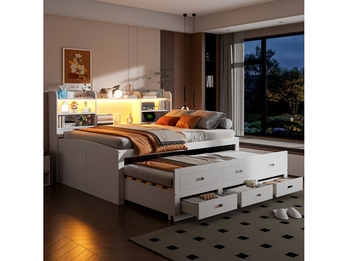 Sofá-cama Divã 140x200 Led 3 Gavetas Mesa Usb-c Branco