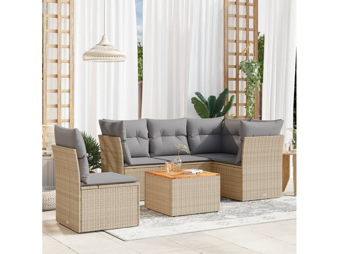 Vidaxl 6 Pcs Conjunto De Sofás P/ Jardim Com Almofadões Vime Pe Bege