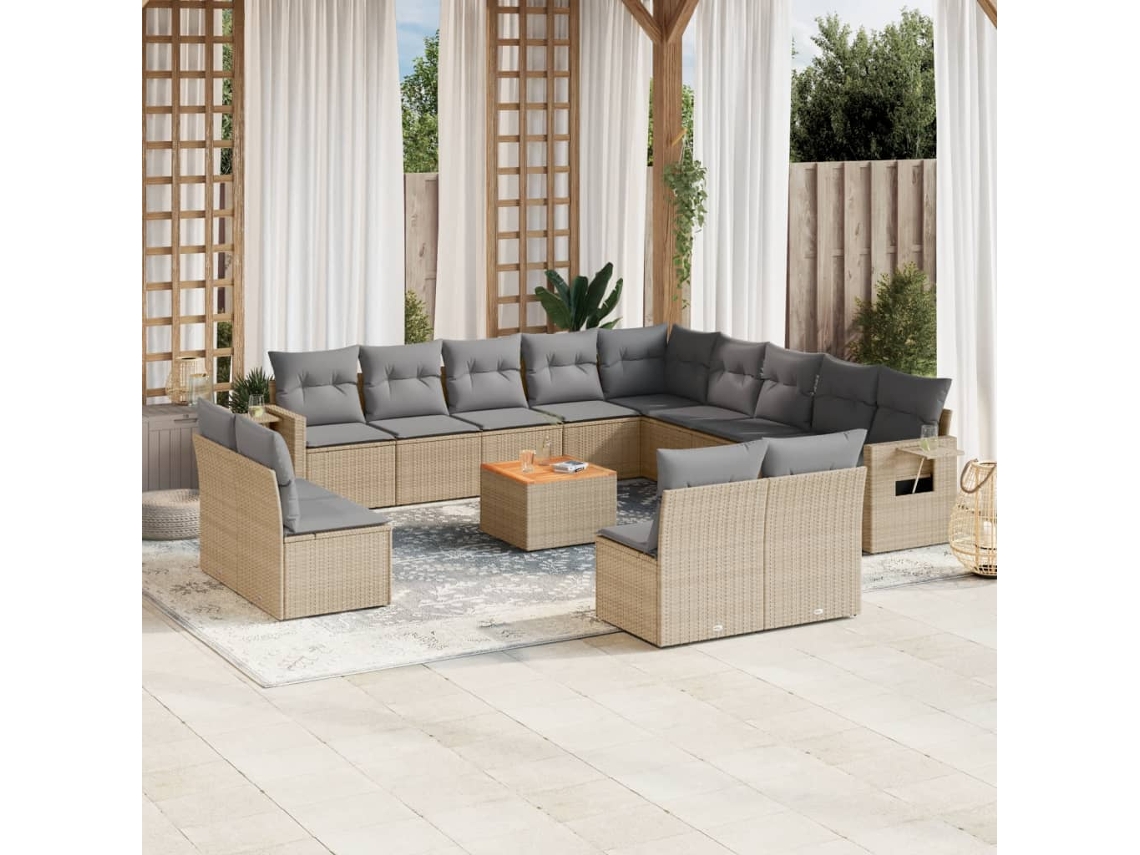 Vidaxl 14 Pcs Conjunto De Sofás P/ Jardim Com Almofadões Vime Pe Bege