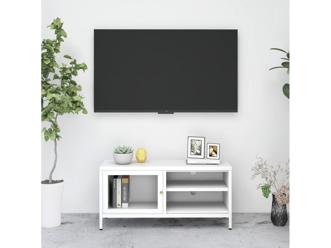 Móvel De Tv | Gabinete De Tv | Armário De Tv 90x30x44 Cm Vidro E Aço Branco