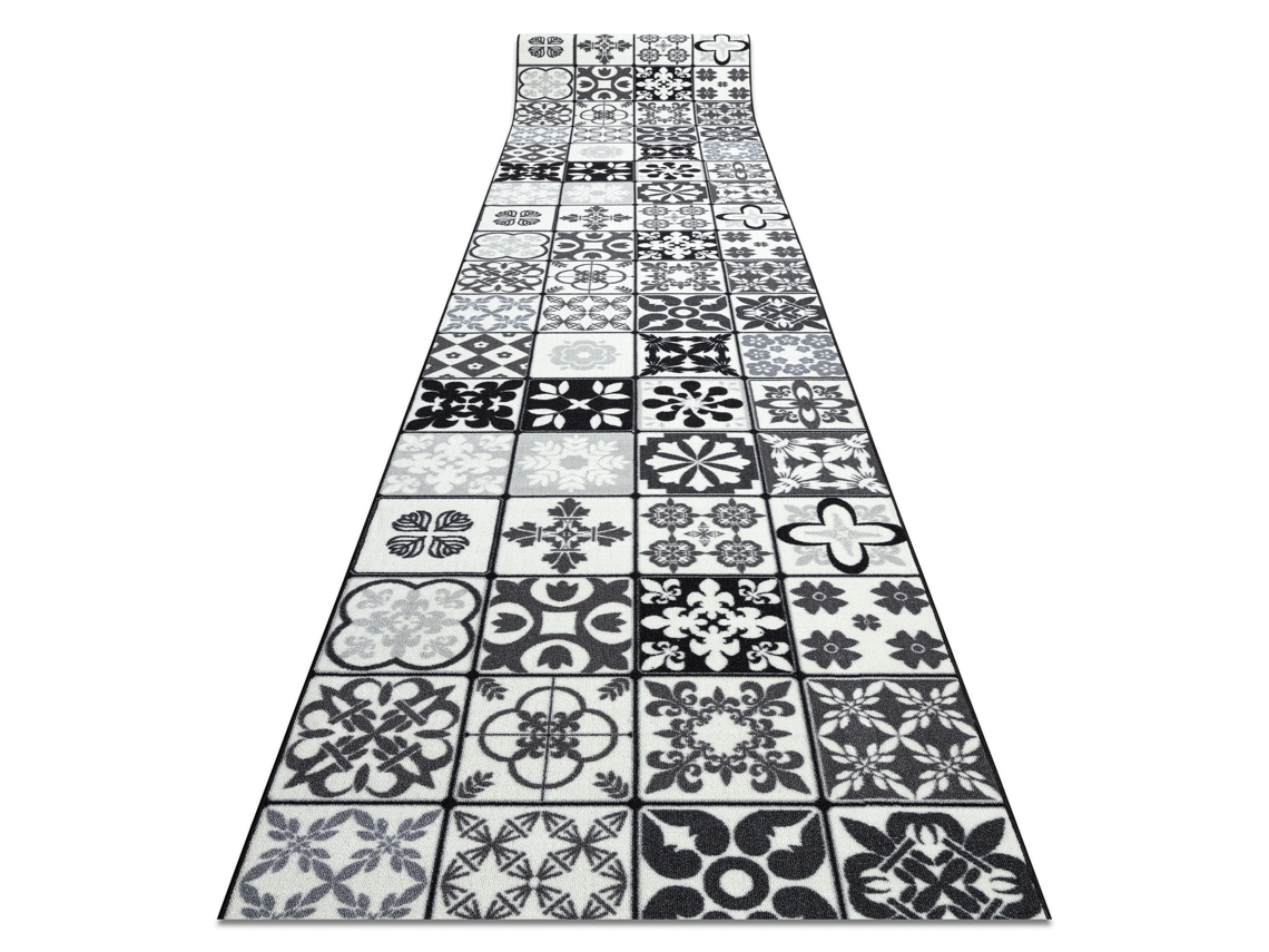 Alcatifa Do Corredor com Reforço de Borracha Azulejo Patchwork, Lisbon Tiles Cinzento/Preto (100 x 470 cm)
