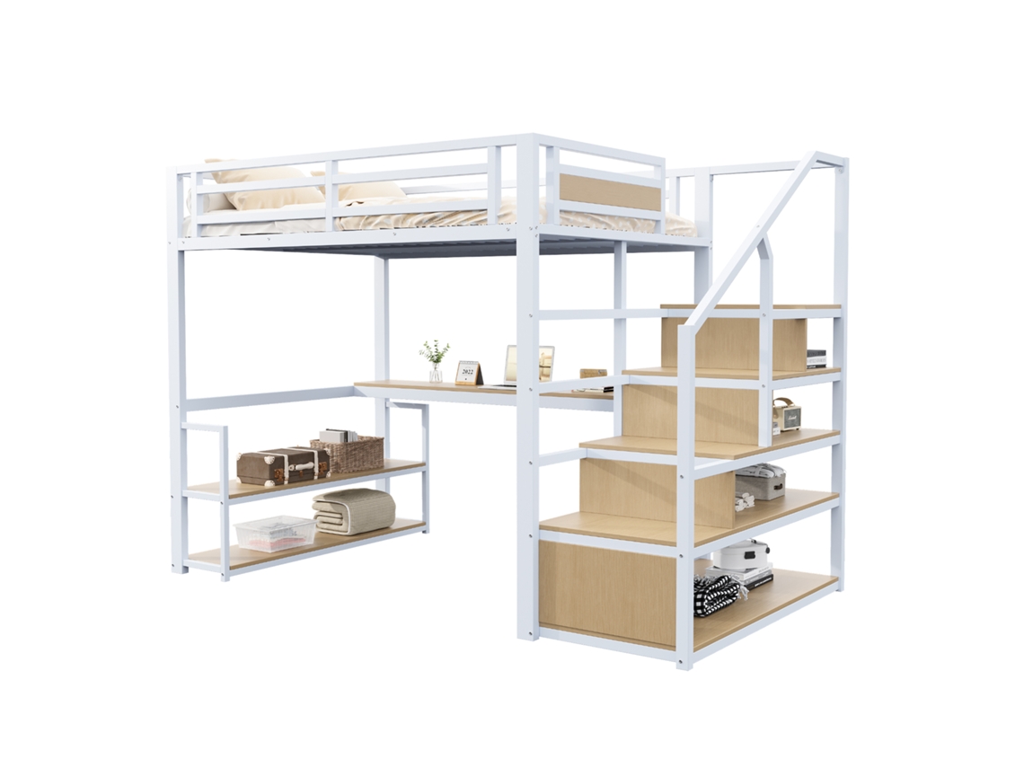 Cama Alta de Metal 140x200 Cm com Escada de Armazenamento, prateleiras e Mesa, design Seguro e Estrutura Estável em Branco PAPRIKA