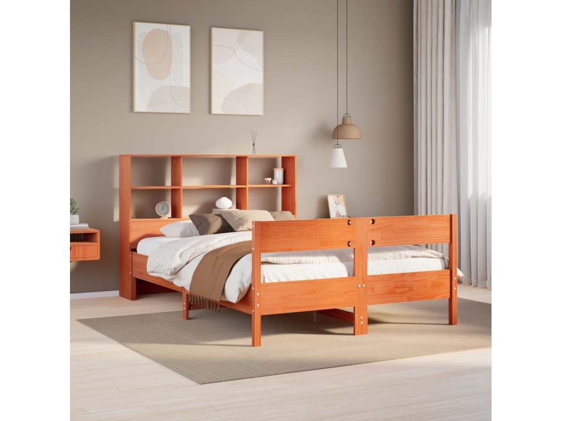 Vidaxl Cama Com Estante Sem Colchão 135x190 Cm Pinho Maciço