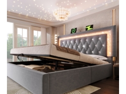 Cama Casal 160x200 Cm Em Veludo Cinza Com Cabeceira Iluminada Por Led, Estações Usb E Type-c, Baú Hidráulico E Estrado Incluso.