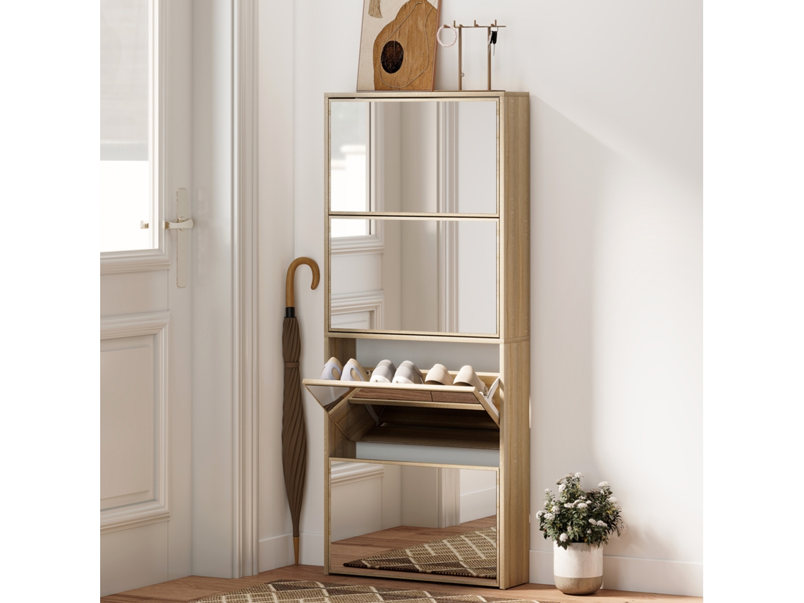Móvel Calçadeiro Estreito Natural Com Espelho E 4 Portas Sanfonadas Para 12 Pares De Sapatos - 63x17x146 Cm