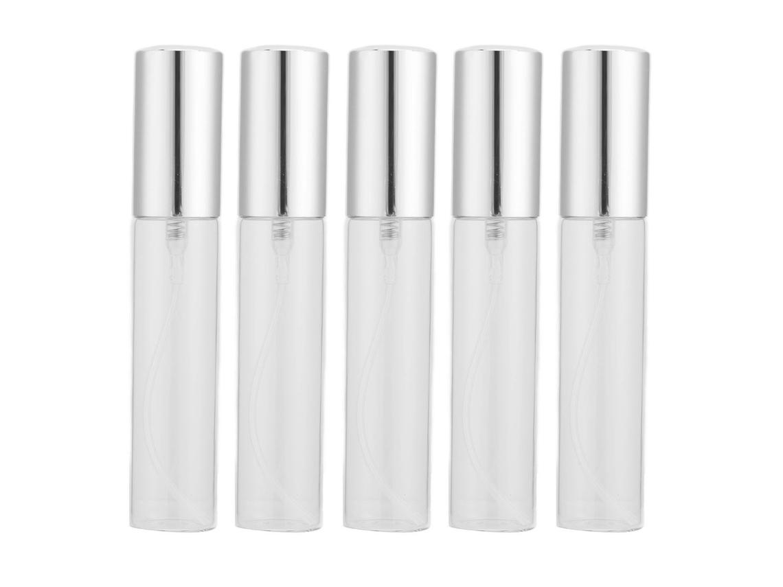 5 Peças Garrafas De Perfume De Vidro Transparente 10ml Recarregáveis Com Bico Prata Forma Cilíndrica Atomizador Vazio
