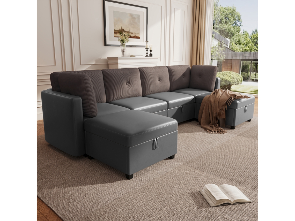 Sofá Modular U 6 Módulos Armazenamento Veludo VELTRIX