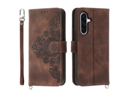 Capa Tipo Carteira De Couro Sintético Com Estampa Floral E Alça Para Samsung Galaxy A17 5g, Marrom