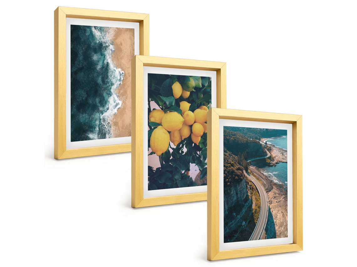 Composição De Quadros Praia, Limões E Montanhas Espelharte (3 Peças 20x30 Cm)