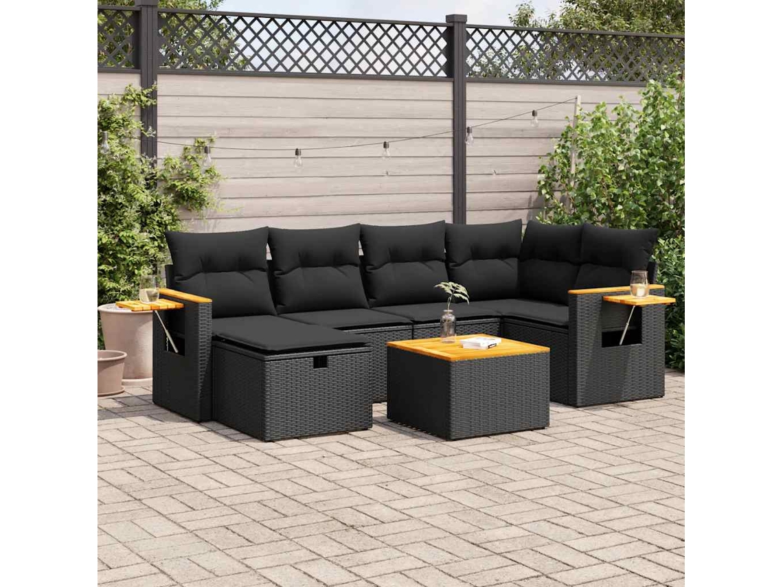 Vidaxl 7 Pcs Conjunto De Sofás P/ Jardim C/ Almofadões Vime Pe Preto