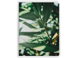 Caderno com capa estampada com folhas verdes e motivo de sopa