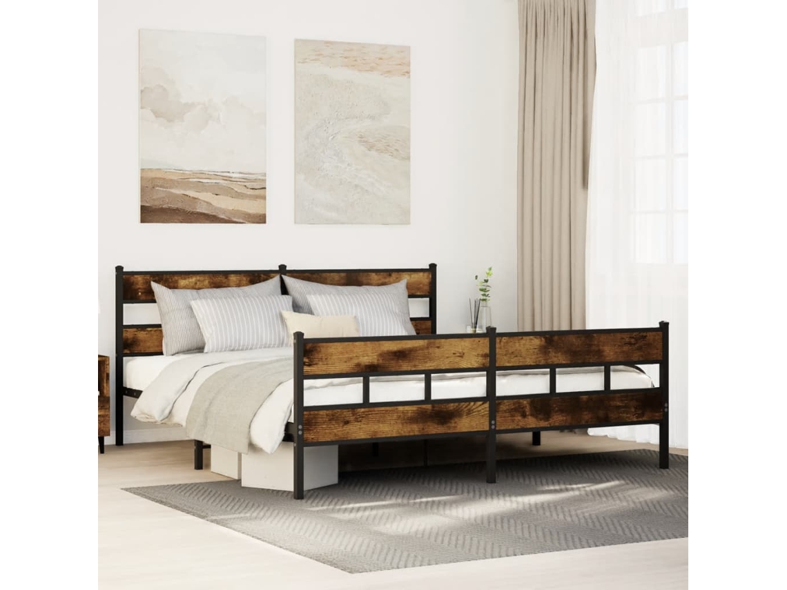 Vidaxl Estrutura De Cama Sem Colchão 200x200cm Metal Carvalho Fumado