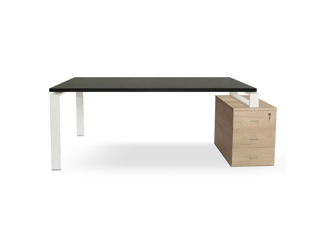 Mesa De Carvalho Com Gavetas. Estrutura De Metal Branco. 75 X 155,5 X 80 Cm. Tampo Cinza Grafite. Ofilike