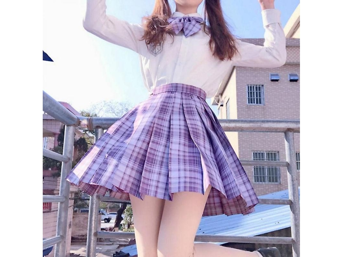 2026 saia Plisada Uniforme Escolar Japonesa Mulher Cintura Alta A line Tartan Nowcos XL Refresco de Uva