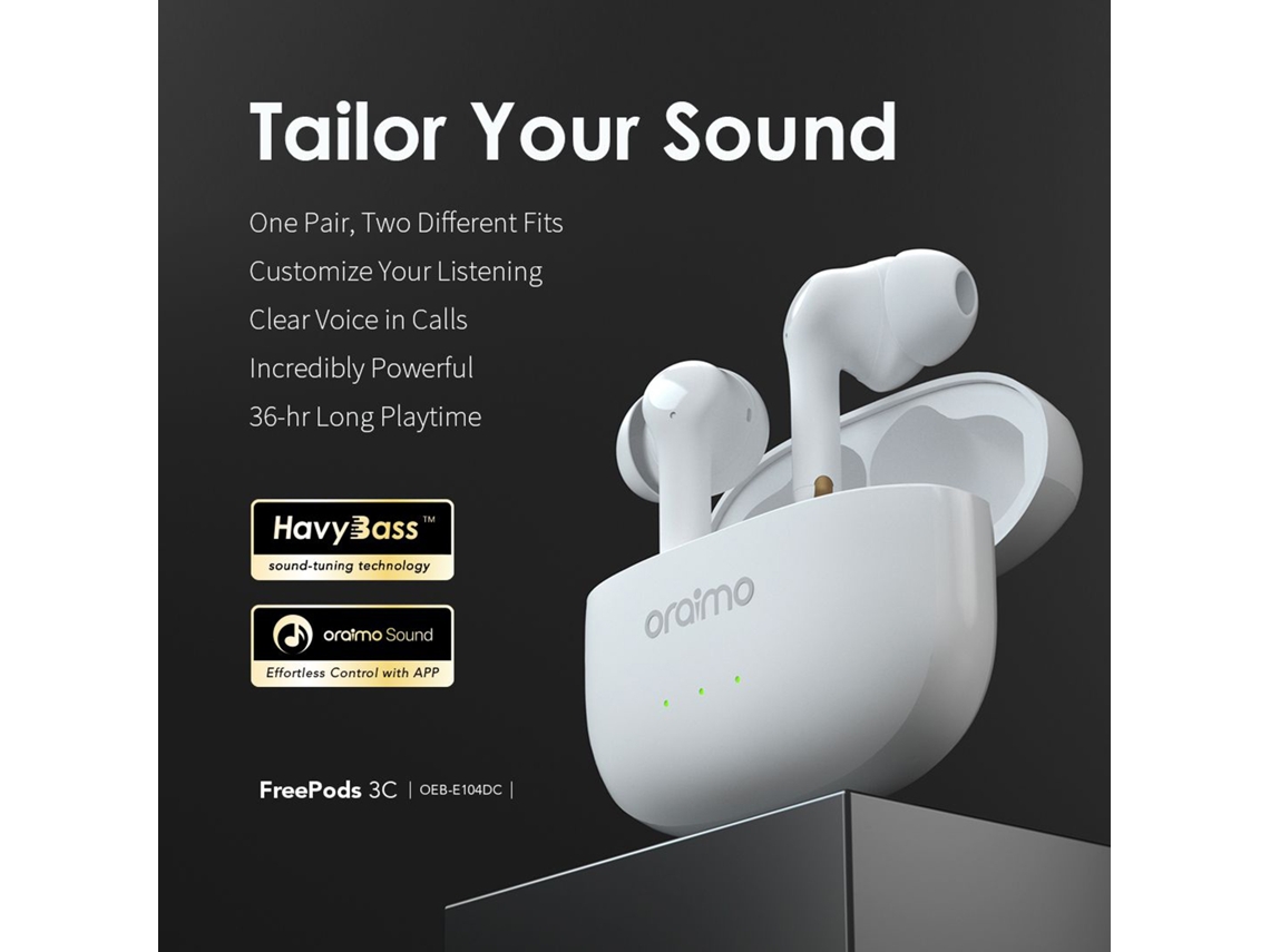 Auriculares Inalámbricos Bluetooth 5.3 Oraimo Freepods 3c, 8+28 Horas de Autonomía, 4 Micrófonos, Cancelación Activa de Ruido, Color Blanco Y Negro.