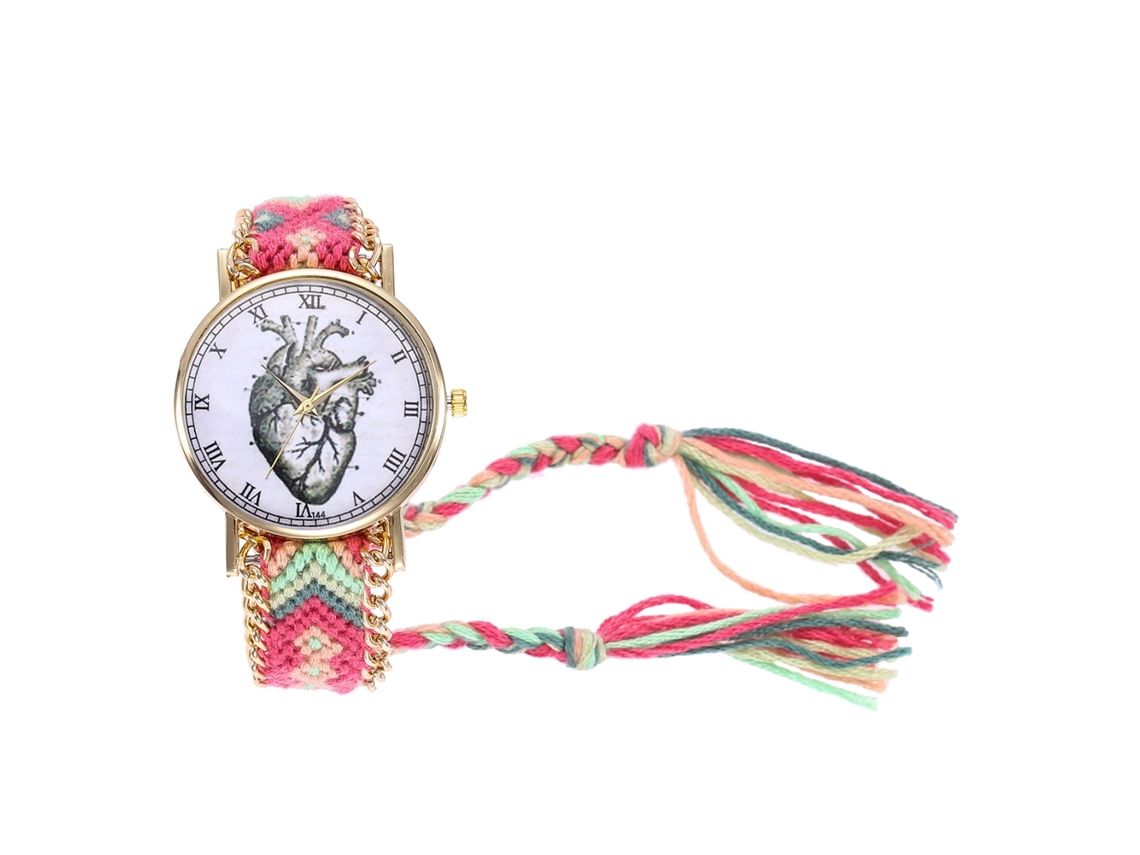 Relógio de Pulso Feminino de Lã Simples com Números Romanos e Pulseira de Tecido Rosa