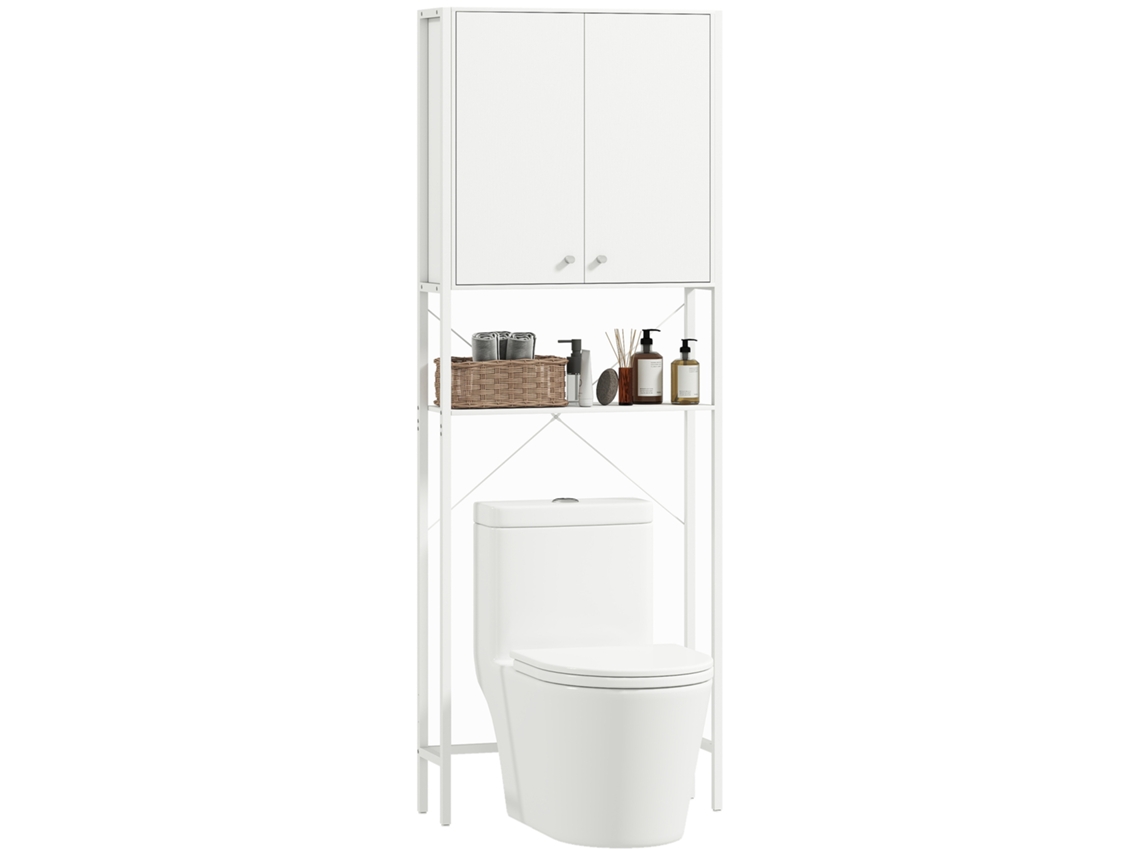 Armário Do Banheiro Acima Do Vaso Sanitário E Máquina De Lavar Com Armário E Prateleira Aberta. 64x20x180 Cm. Branco