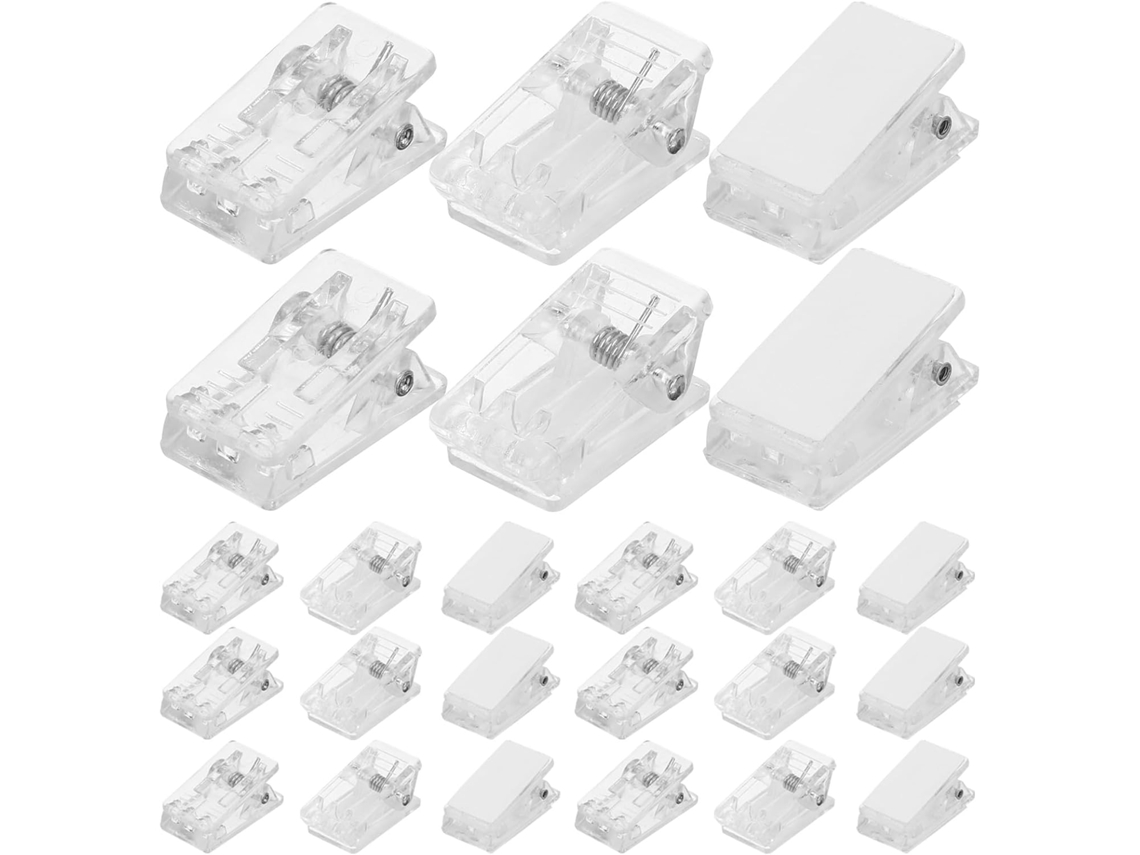 30 prendedores autoadesivos de plástico transparente para fixar fotos e fitas adesivas, designs simples, ideais para escolas.