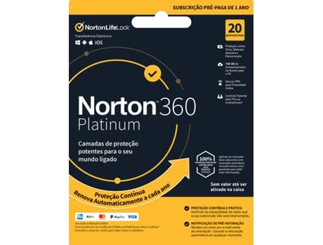 Software NORTON 360 Platinum ESD 100GB (20 Dispositivos - 1 Ano - Smartphone, PC e Tablet - Formato Digital)
