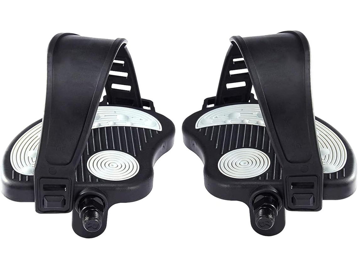 Par de pedais para bicicleta ergométrica com tiras fixas antiderrapantes. Eixo Lyx pequeno de 1/2" (diâmetro da rosca: 12 mm).