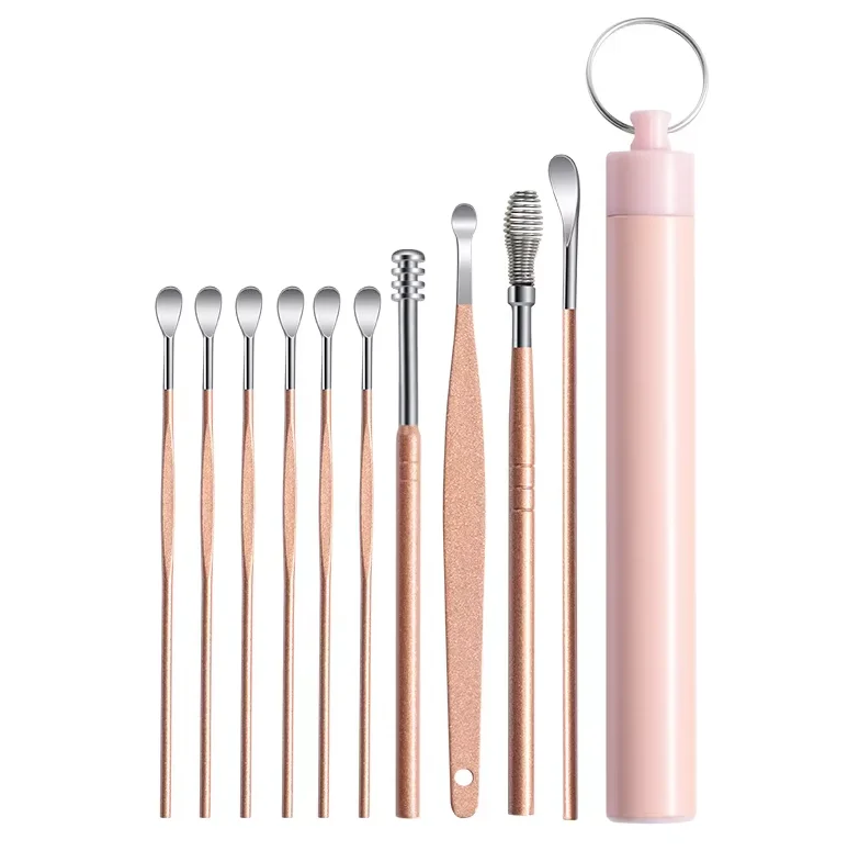 (10 Rosa) Ferramentas De Limpeza De Ouvido Em Aço Inoxidável Com Estojo Para Remoção De Cera.