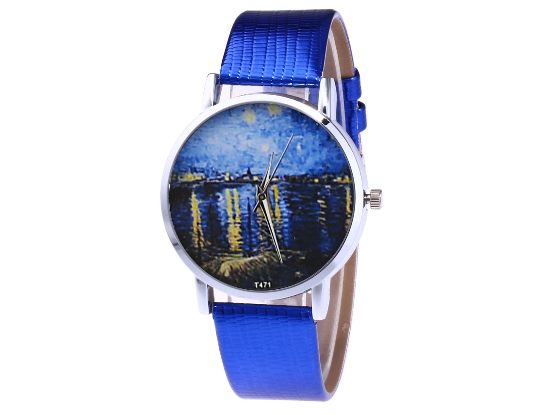 Relógio de quartzo casual para casal com pulseira de couro PU azul, design simples, mostrador redondo.