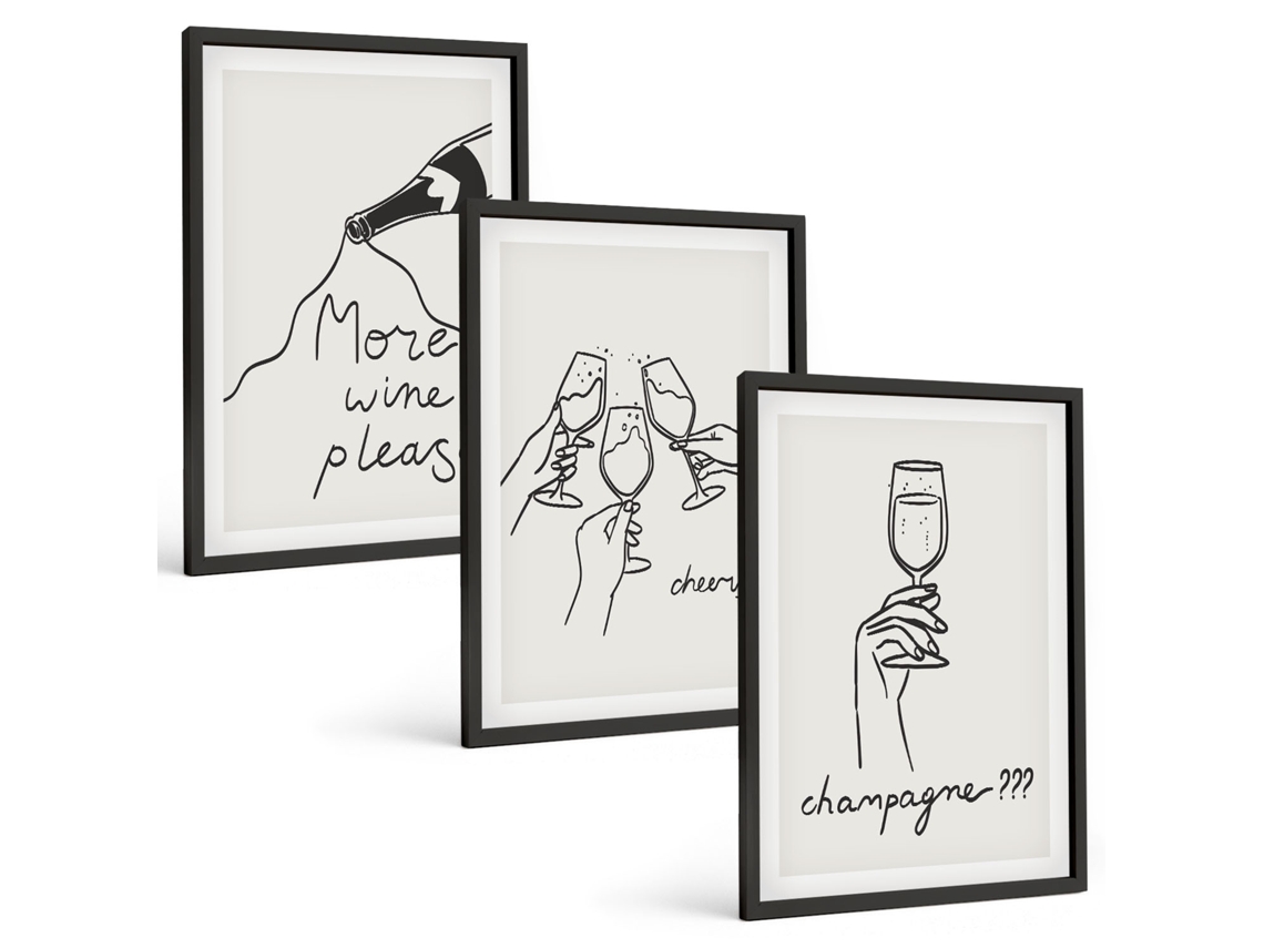 Conjunto De Pinturas Arte Linear Com Taça De Champanhe Espelharte (3 Peças 40x60 Cm)
