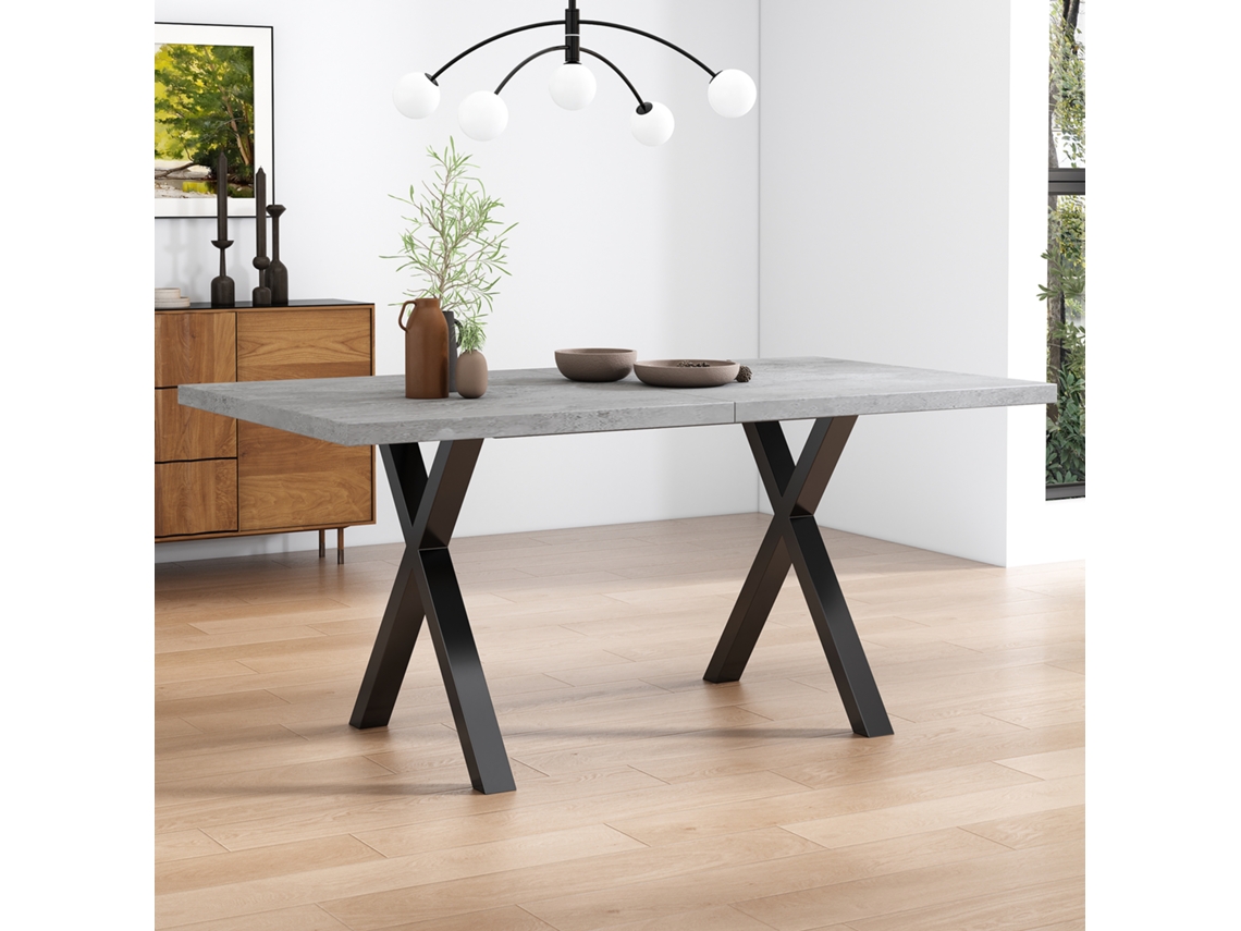 Mesa 140cm Estilo Industrial com Pés Cruzados Concreto Preto VOLTEDGE