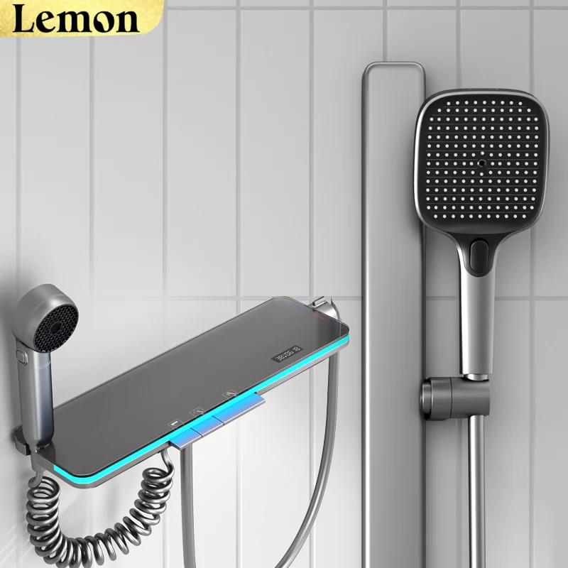 Conjunto De Chuveiro Inteligente Termostático (cinza-chumbo) Com Botões Tipo Piano, Iluminação Ambiente, Ducha Tipo Cascata E Visor Digital.