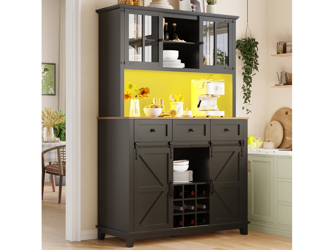Armário De Cozinha Preto Com Iluminação Led,buffet Alto Com Prateleiras Ajustáveis,vitrine E Design Moderno,105x38,4x180cm