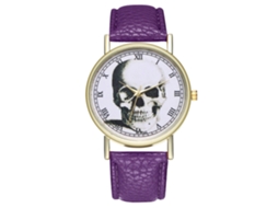 Relógio de pulso com caveira, numerais romanos, pulseira de couro PU, estilo casual e moderno na cor roxa.
