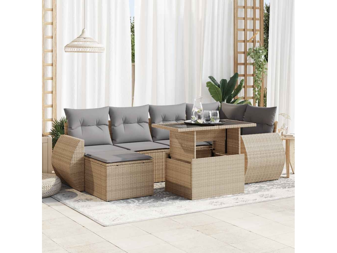 Vidaxl 7 Pcs Conjunto De Sofás P/ Jardim Com Almofadões Vime Pe Bege