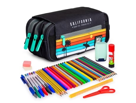 Design COLEPACK – Estojo triplo com 3 zíperes com material escolar incluído. Califórnia