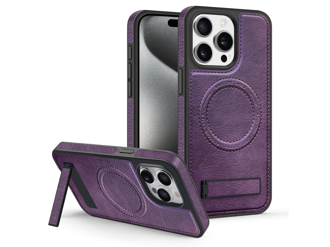 Suporte Casa Para Iphone 15 Pro Max Pele Sintética Magnética Roxo
