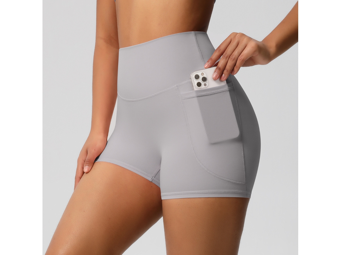 Shorts De Yoga Feminino, Com Bolso Lateral Para Celular, Cintura Alta, Para Yoga E Exercícios Físicos (cinza Claro), Tamanho S Czhhmart