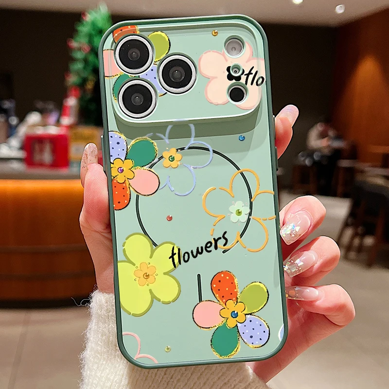 Capa Rígida De Policarbonato Para Iphone 15 Com Estampa Floral Romântica E Sistema Magnético (verde).