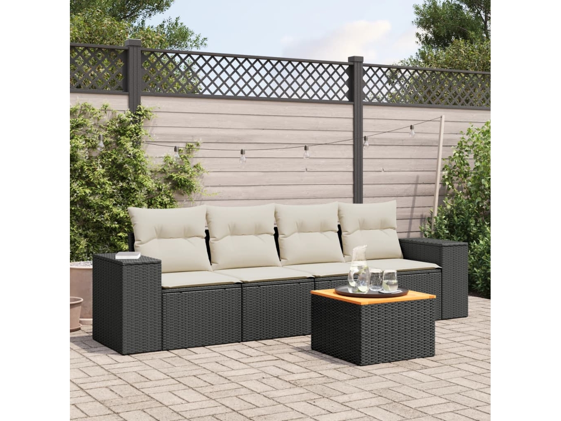 Vidaxl 5 Pcs Conjunto Sofás De Jardim Com Almofadões Vime Pe Preto