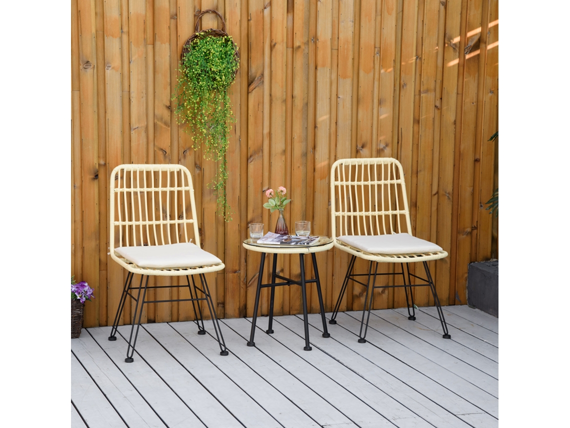 Conjunto Bistrô 3 Peças Rattan E Aço, Mesa Vidro Temperado E 2 Cadeiras, Cor Creme