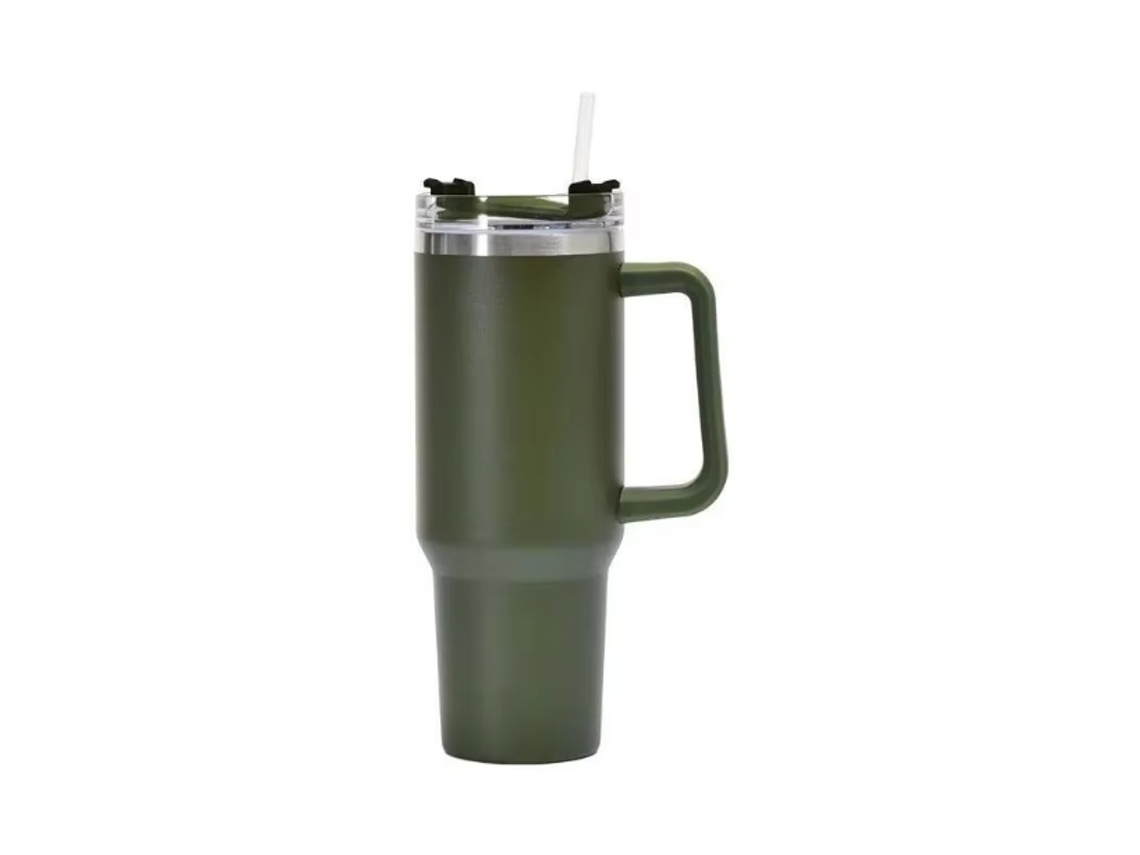 Caneca Térmica de Viagem com Parede Dupla , 1200 Ml (40 Oz), com Alça e Canudo. MDUG (verde oliva)