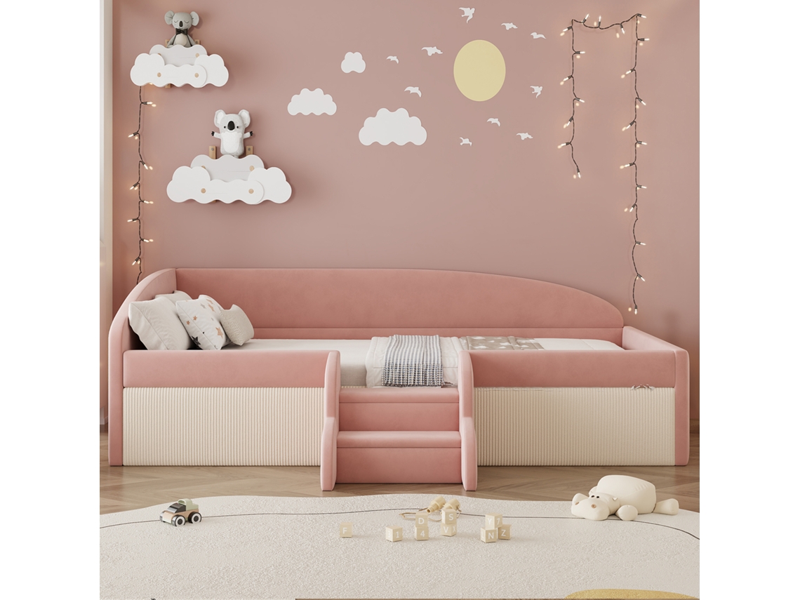 Sofá-cama Infantil Multifuncional Estofado, 90x190 Cm, Com Degraus E Grades De Proteção, Veludo Macio, Rosa E Branco Creme (colchão Não Incluído).