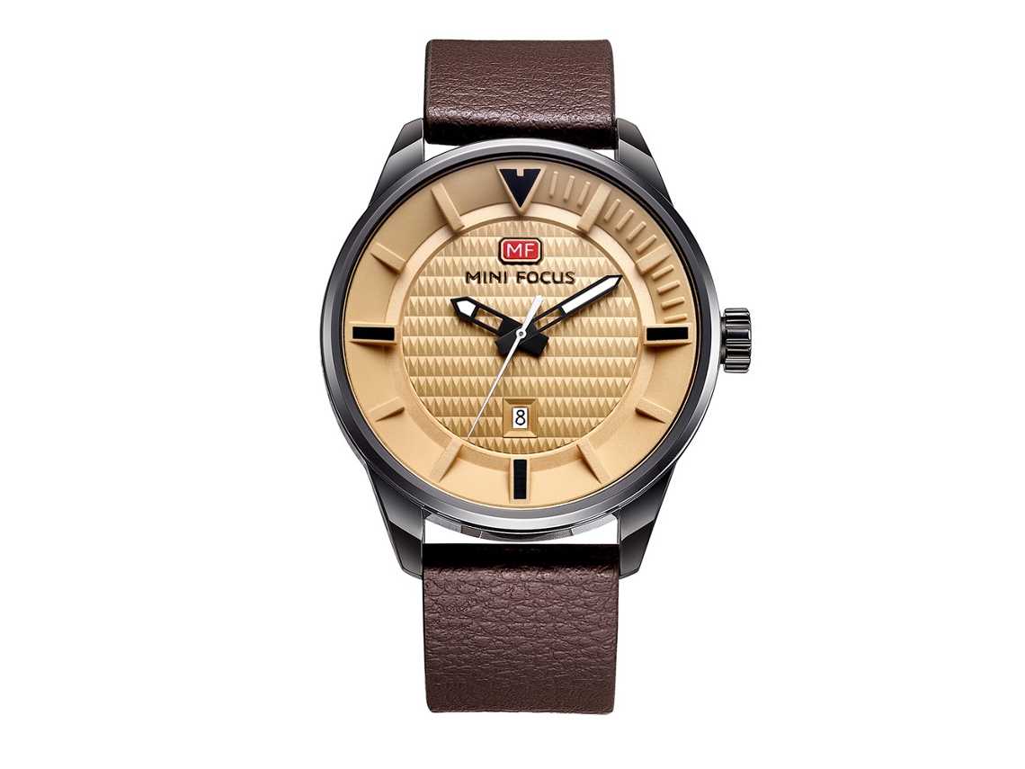 Relógio masculino casual de quartzo com pulseira de couro à prova d'água Mini Focus (amarelo + marrom)