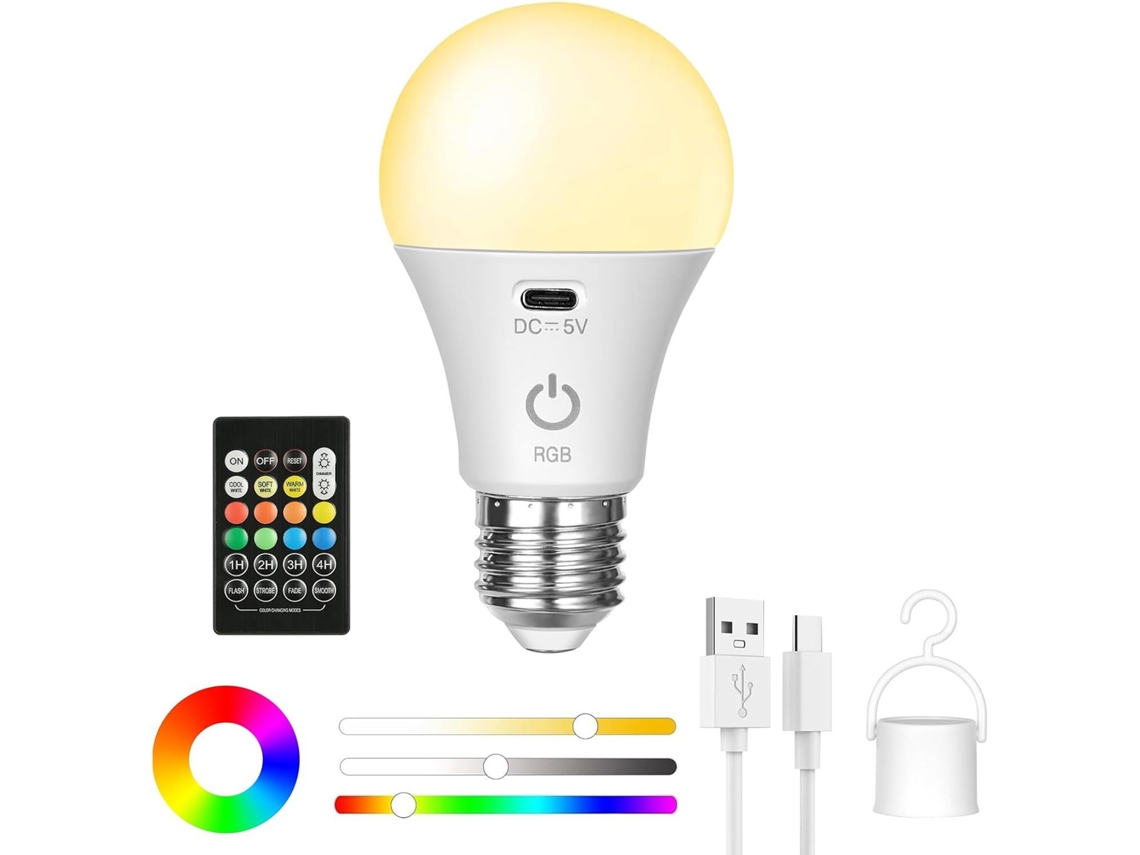 Soquete Para Lâmpada, Base E27, Recarregável, Comando Remoto, Toque, Intensidade Regulável, Usb, 3 Cores