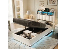 Cama Infantil 90x200,cama Individual,com Uma Faixa De Luzes À Volta Da Base,compartimento De Arrumação Na Cabeceira+faixa De Luzes,tecido Felpudo,bege